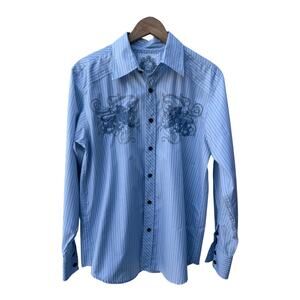 Cultura International Button Up Shirt Mens Large White Striped Graphic Shirt